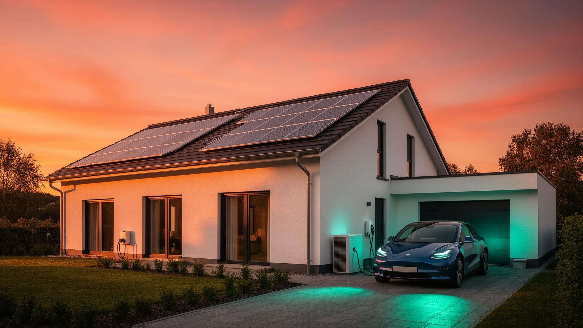 Modernes Eigenheim mit PV-Anlage, Wärmepumpe und Wallbox in der Abendsonne